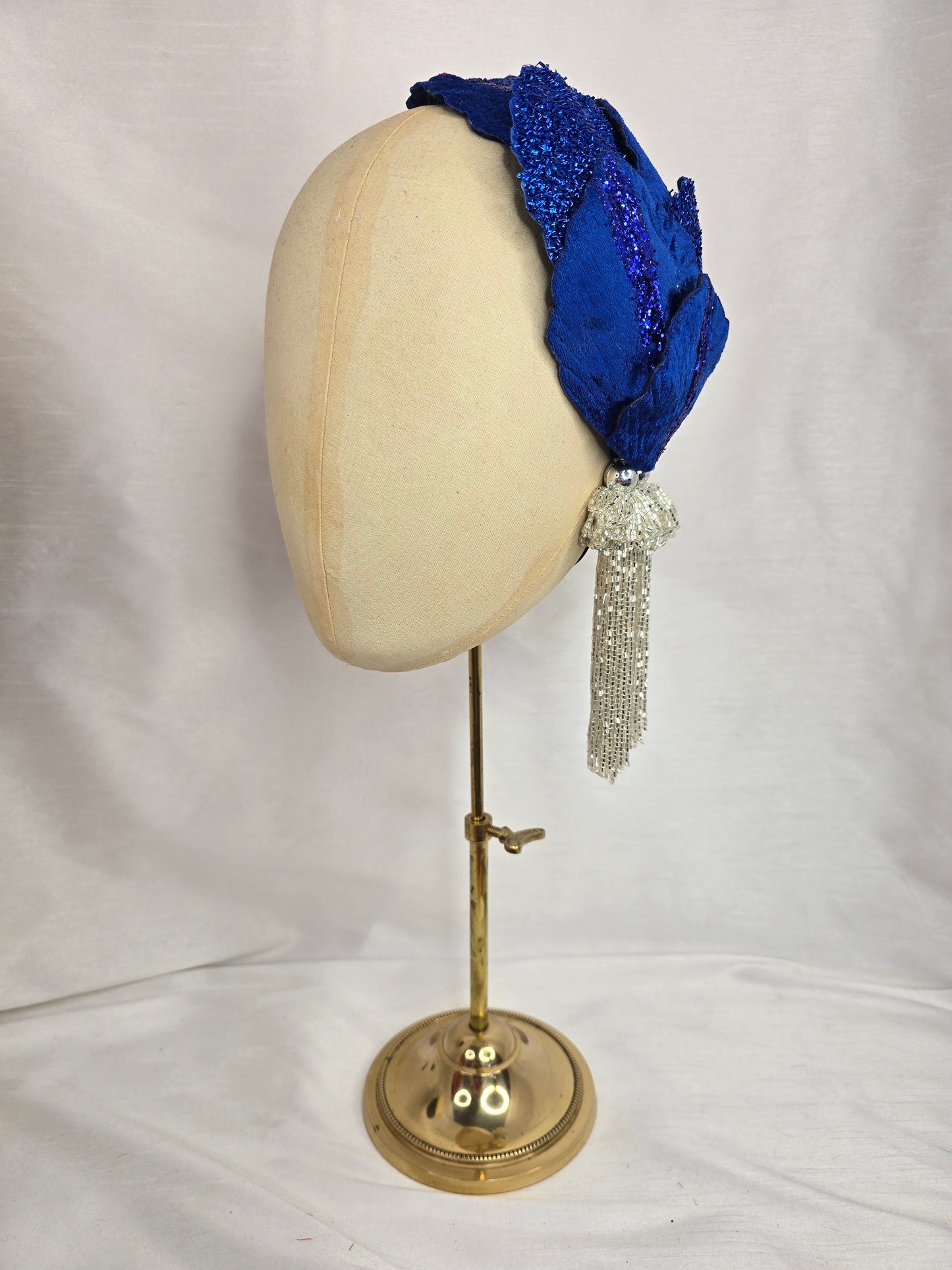 Royal blue with glitter half hat/fascinator with silver beaded tassels