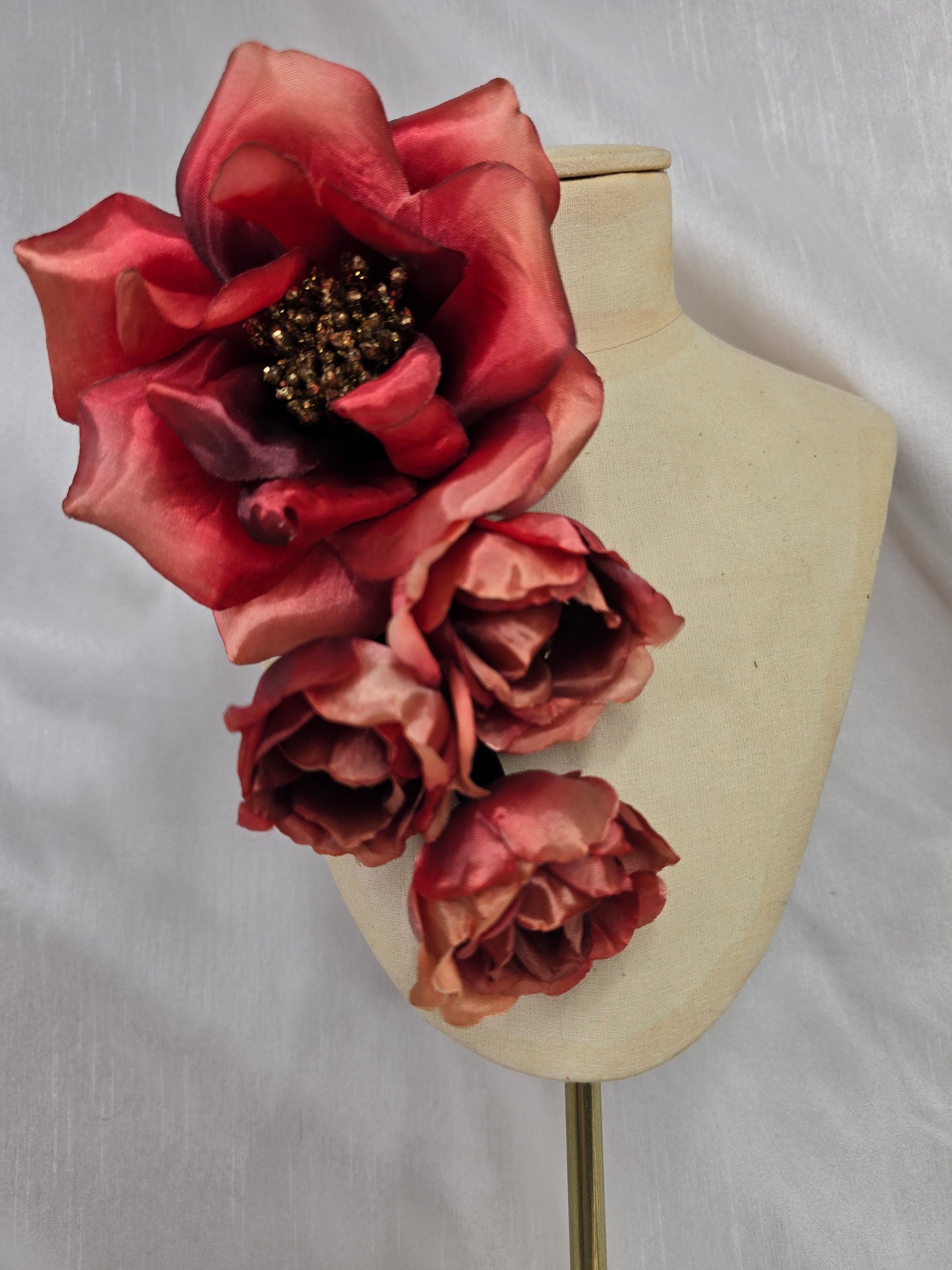 Plum brown stretch velvet turban with flower trim and corsage