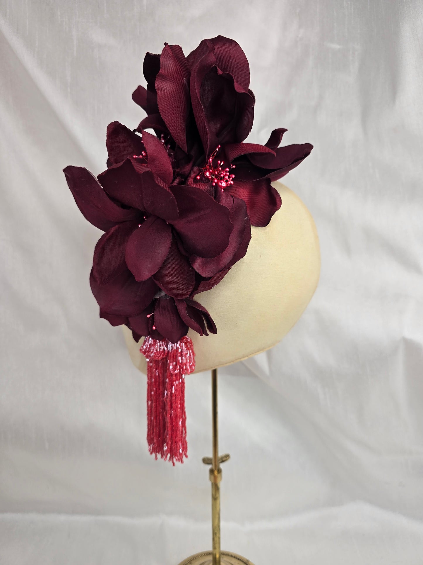 Extra large burgundy and watermelon cascade hair flower with beaded tassels