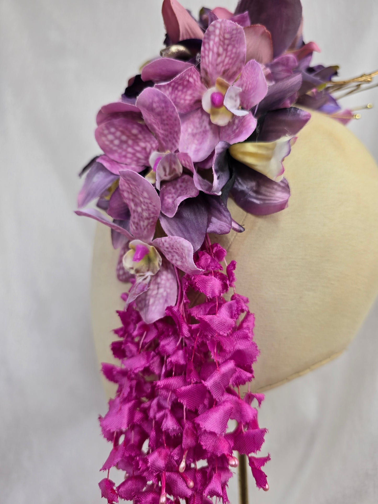 Extra large purple orchid and dangly wisteria flower headpiece