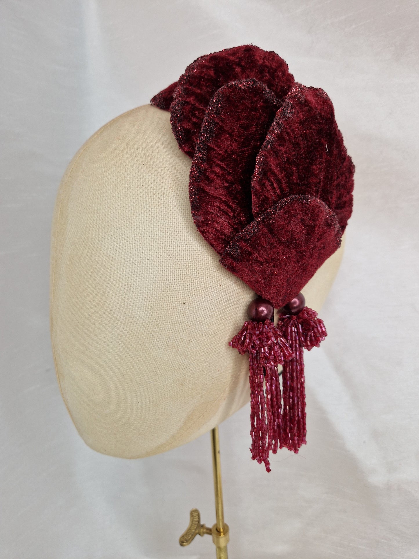 Burgundy velvet glittered half hat/fascinator with red beaded tassels (made to order)