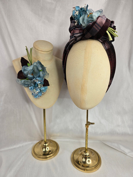 Brown check and stretch velvet turban with blue vintage flowers