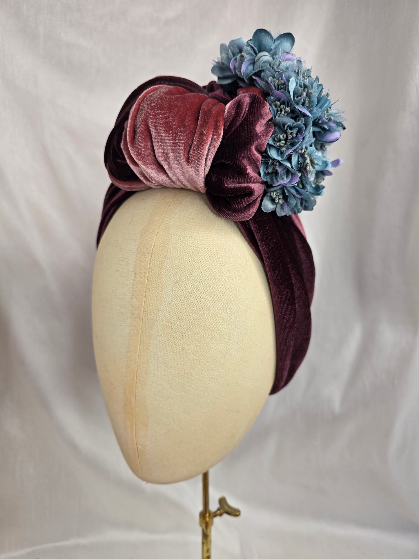 Pink and mocha stretch velvet turban with flower trim, hair flower and corsage