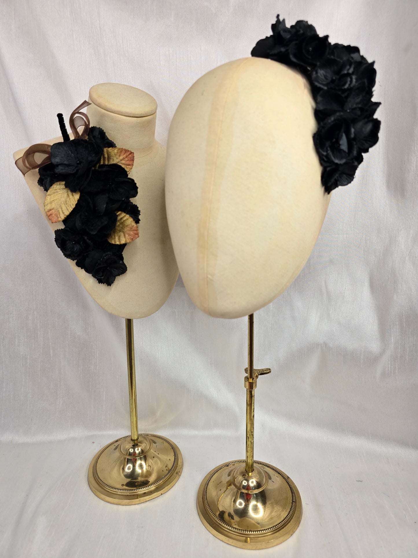 Leopard and tan stretch jersey turban with flower trim and corsage