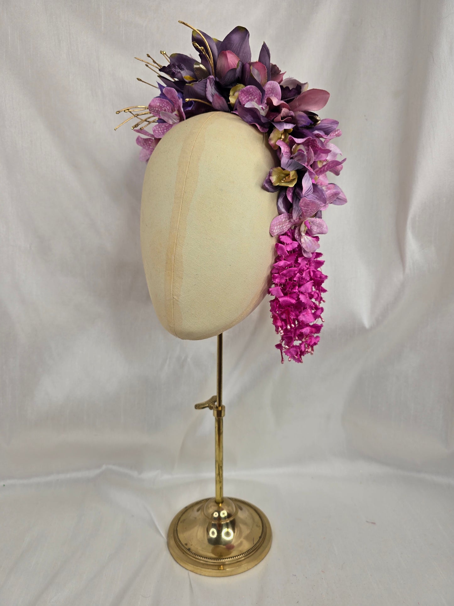 Extra large purple orchid and dangly wisteria flower headpiece