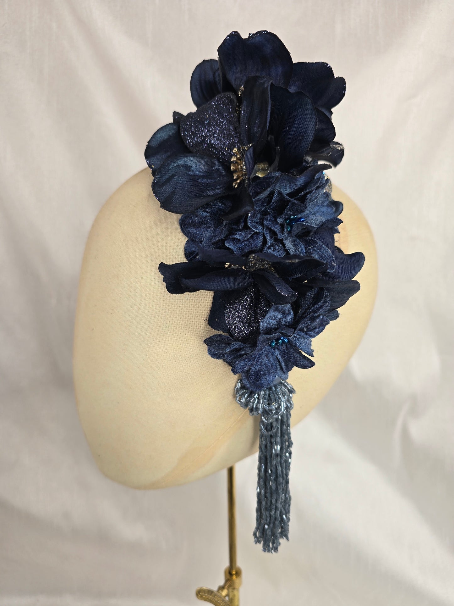 Large navy and silver flower headpiece with beaded tassels
