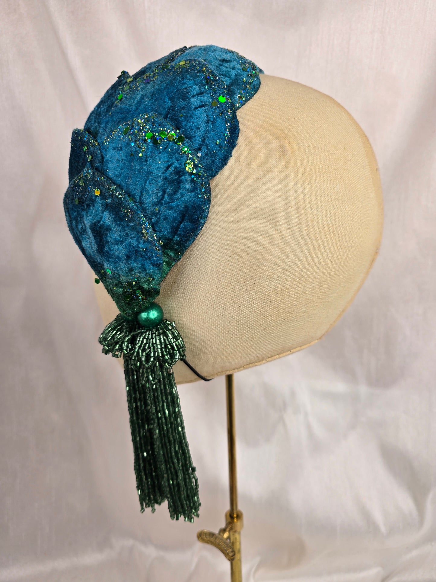Teal and green half hat/fascinator with beaded tassels (made to order)