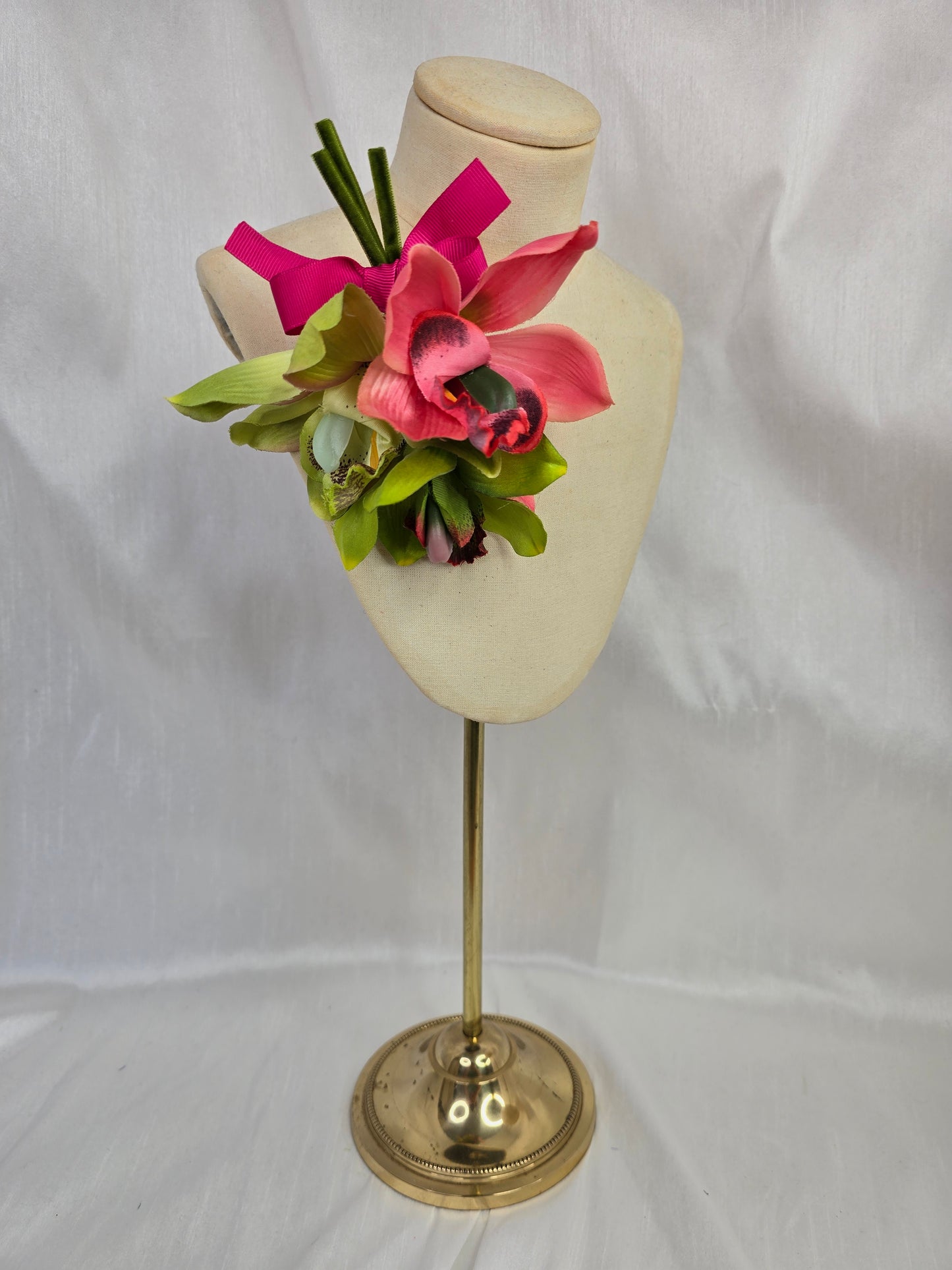 Green and pink orchid hair flower and corsage set
