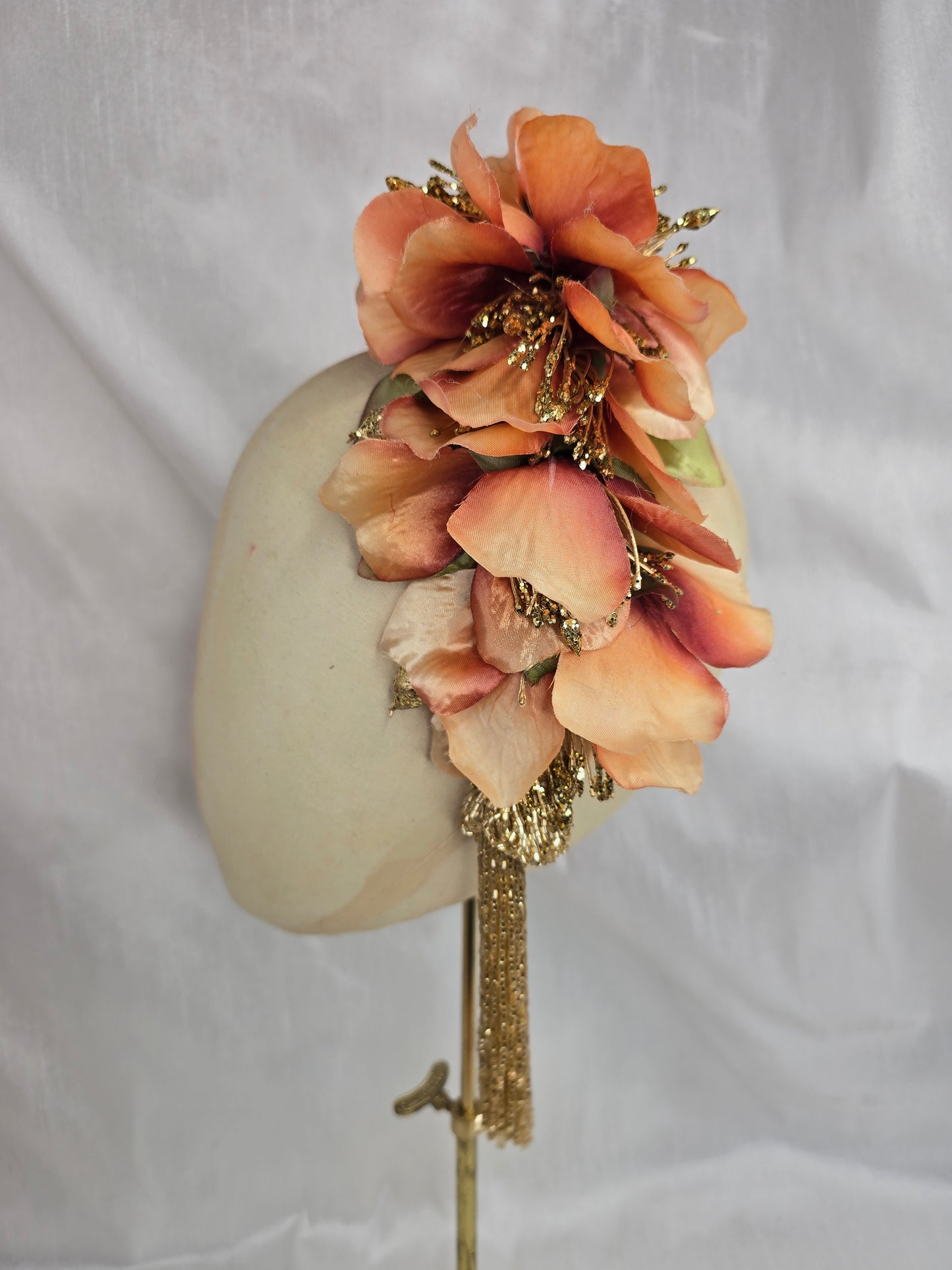 Large pale orange and gold cascade hair flower with beaded tassels