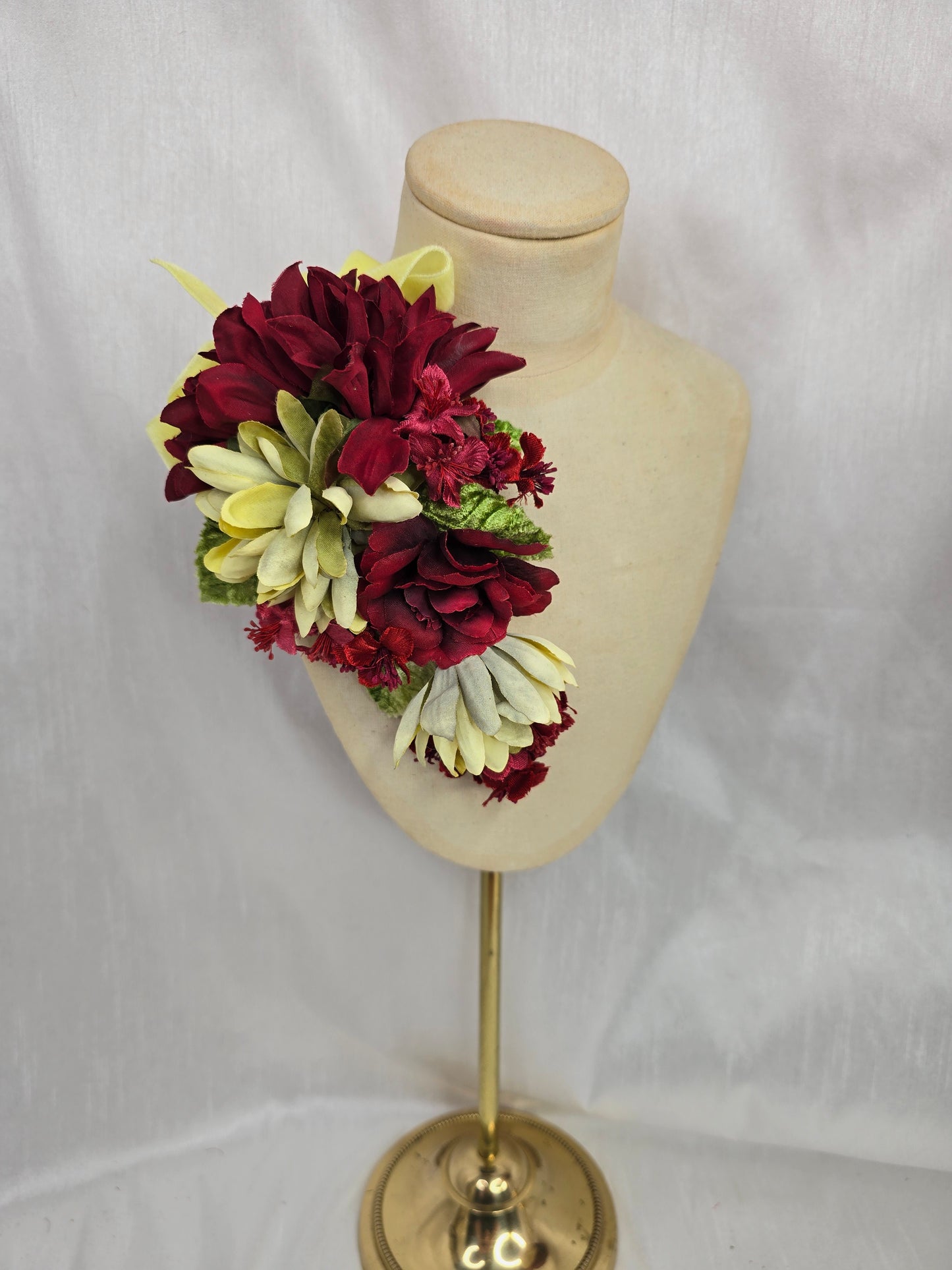 (Copy) Black and chartreuse and red stretch velvet turban with flowers