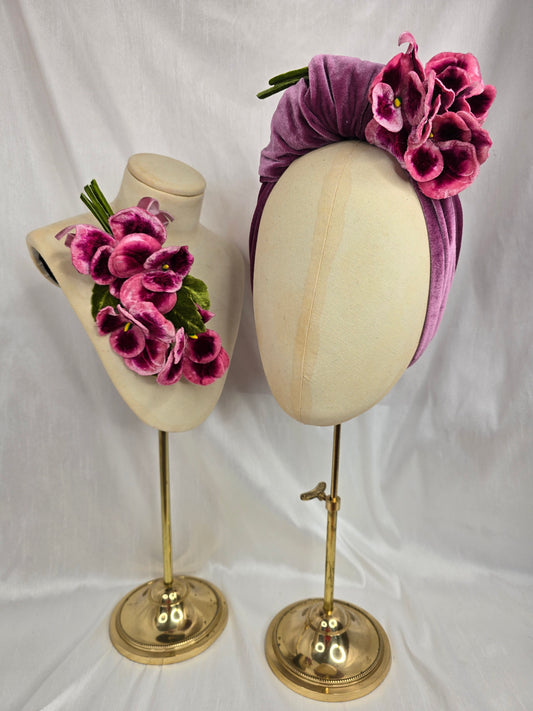 Heather purple stretch velvet turban with flower trim and corsage