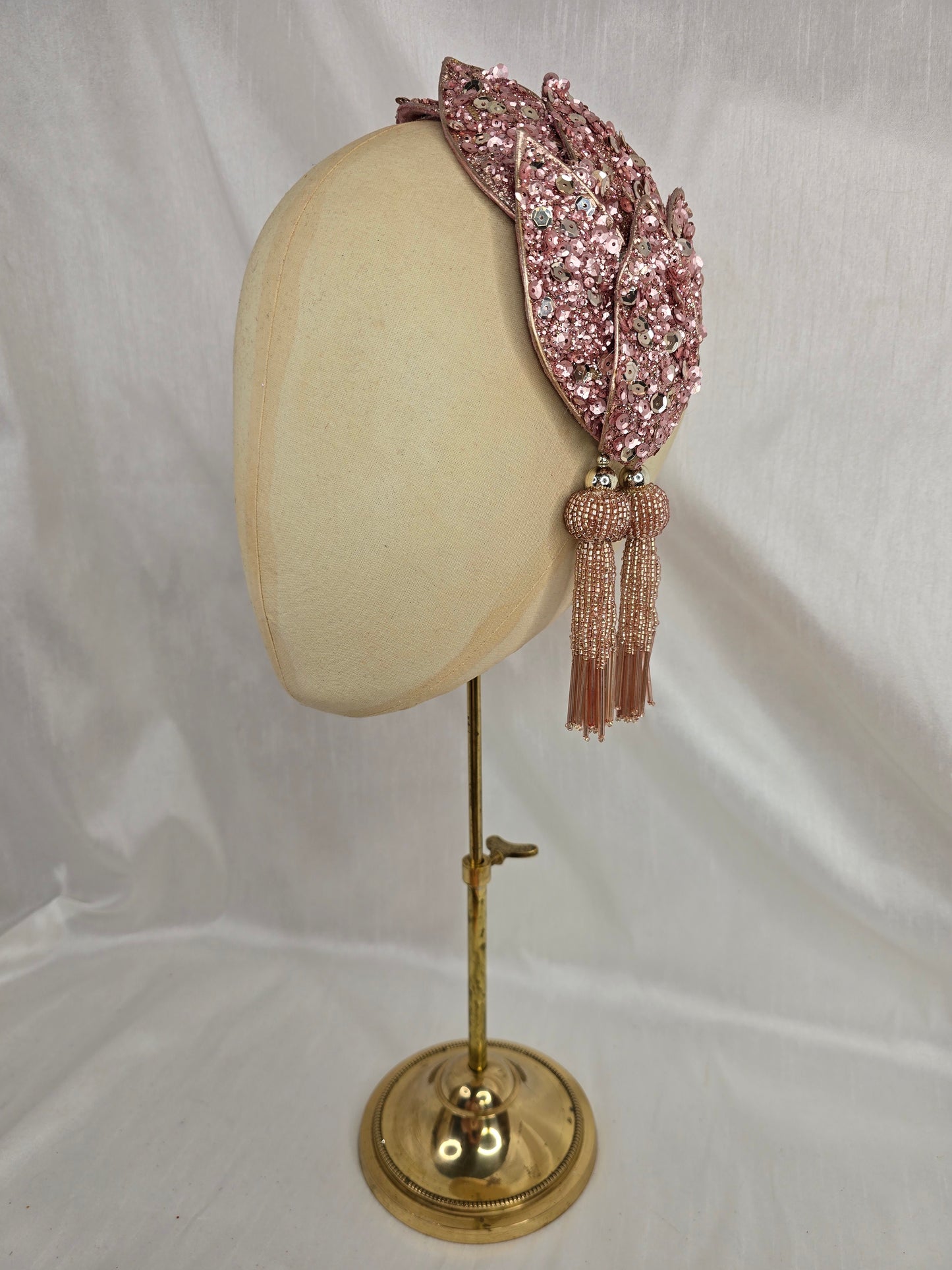 Pale pink sequin half hat/fascinator with beaded tassels (made to order)
