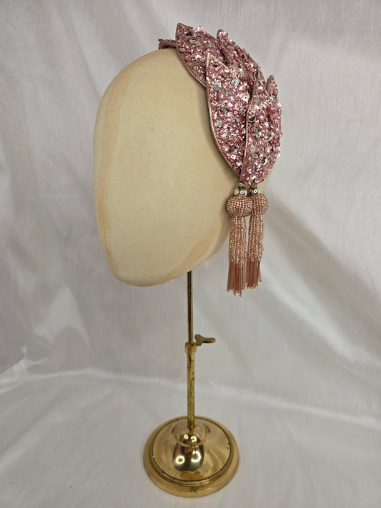 Pale pink sequin half hat/fascinator with beaded tassels (made to order)