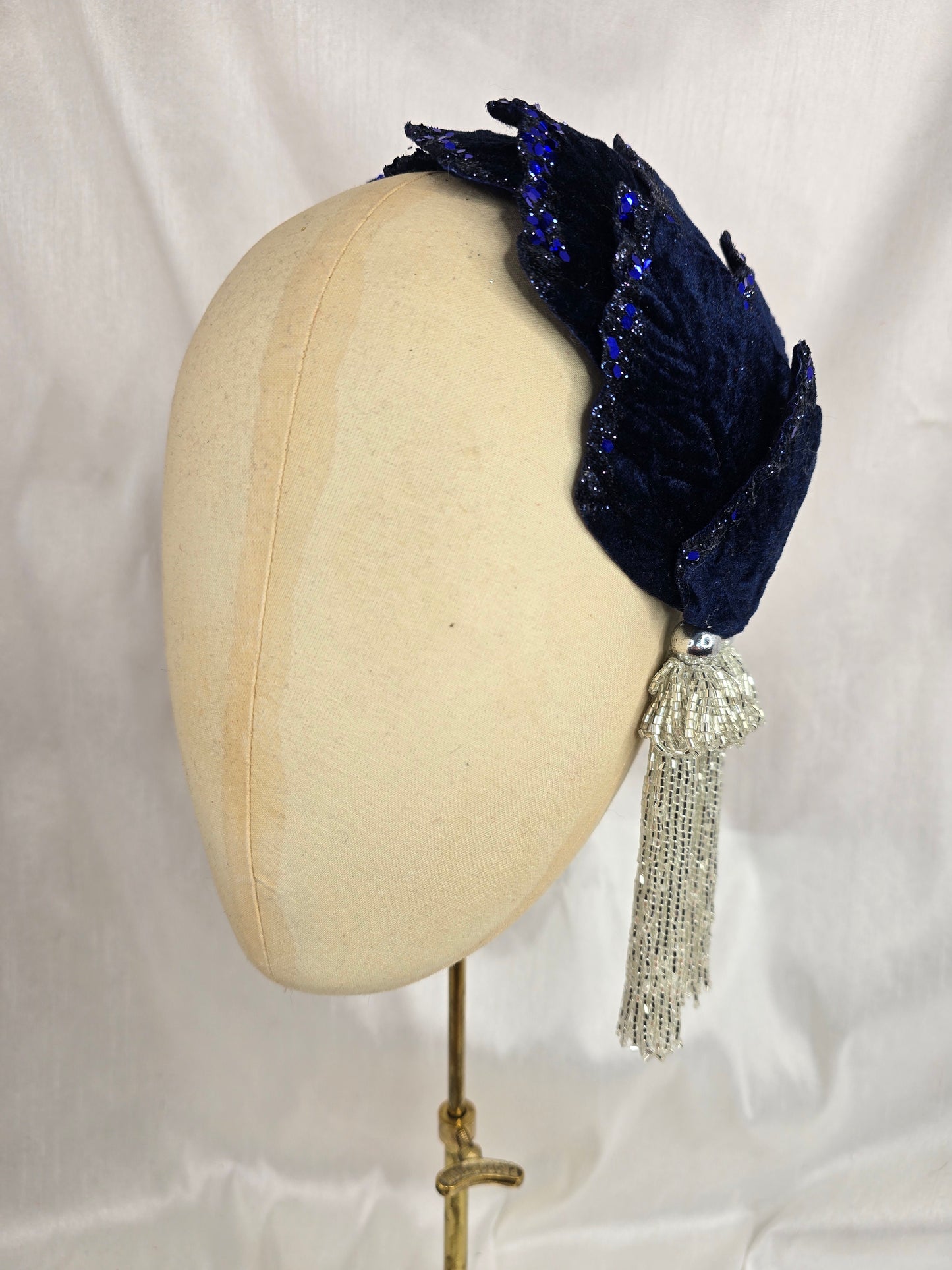 Navy glittered half hat/fascinator with silver beaded tassels (made to order)