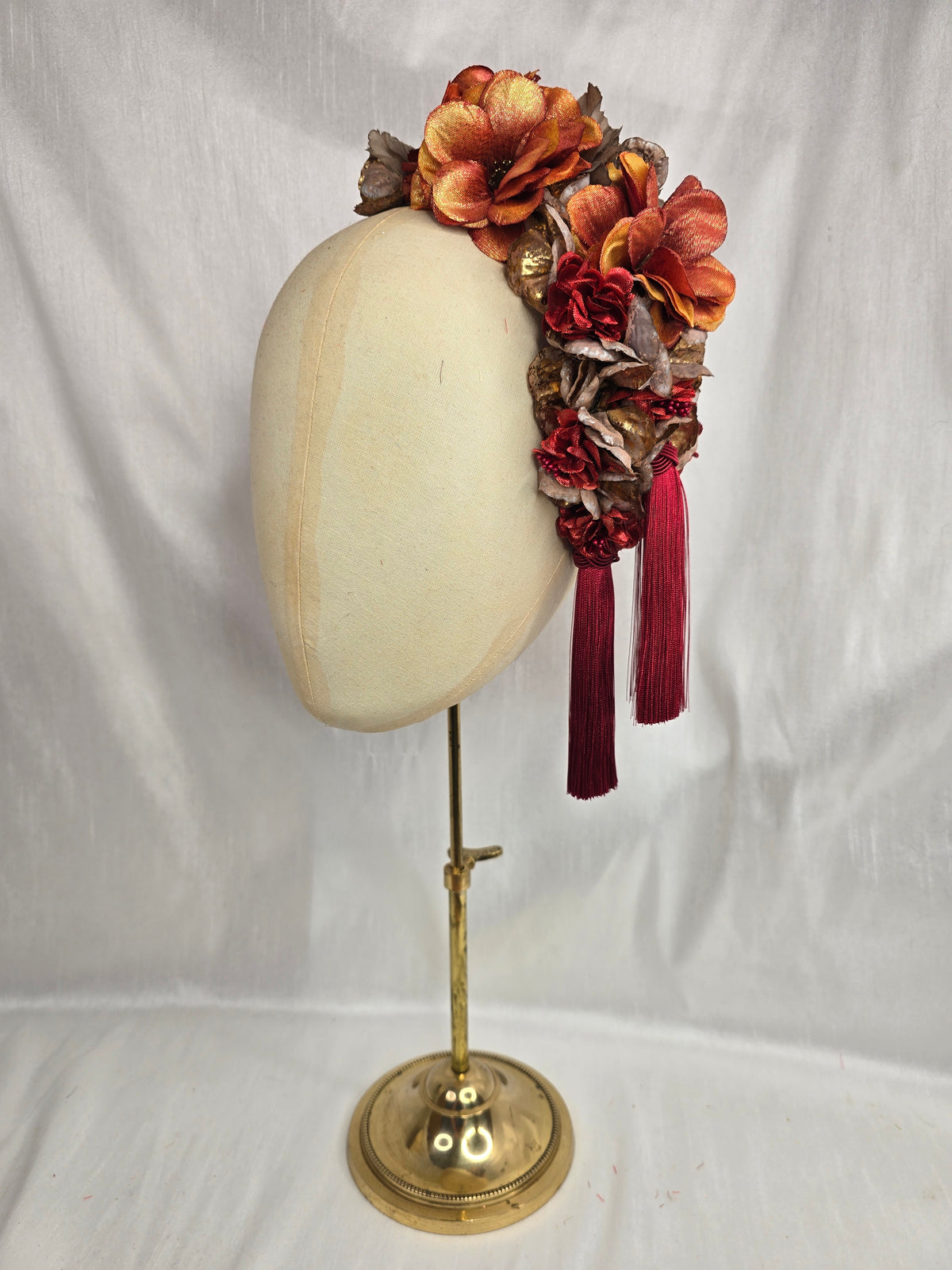 XL mocha, orange and red autumn flower headpiece with red silky tassels
