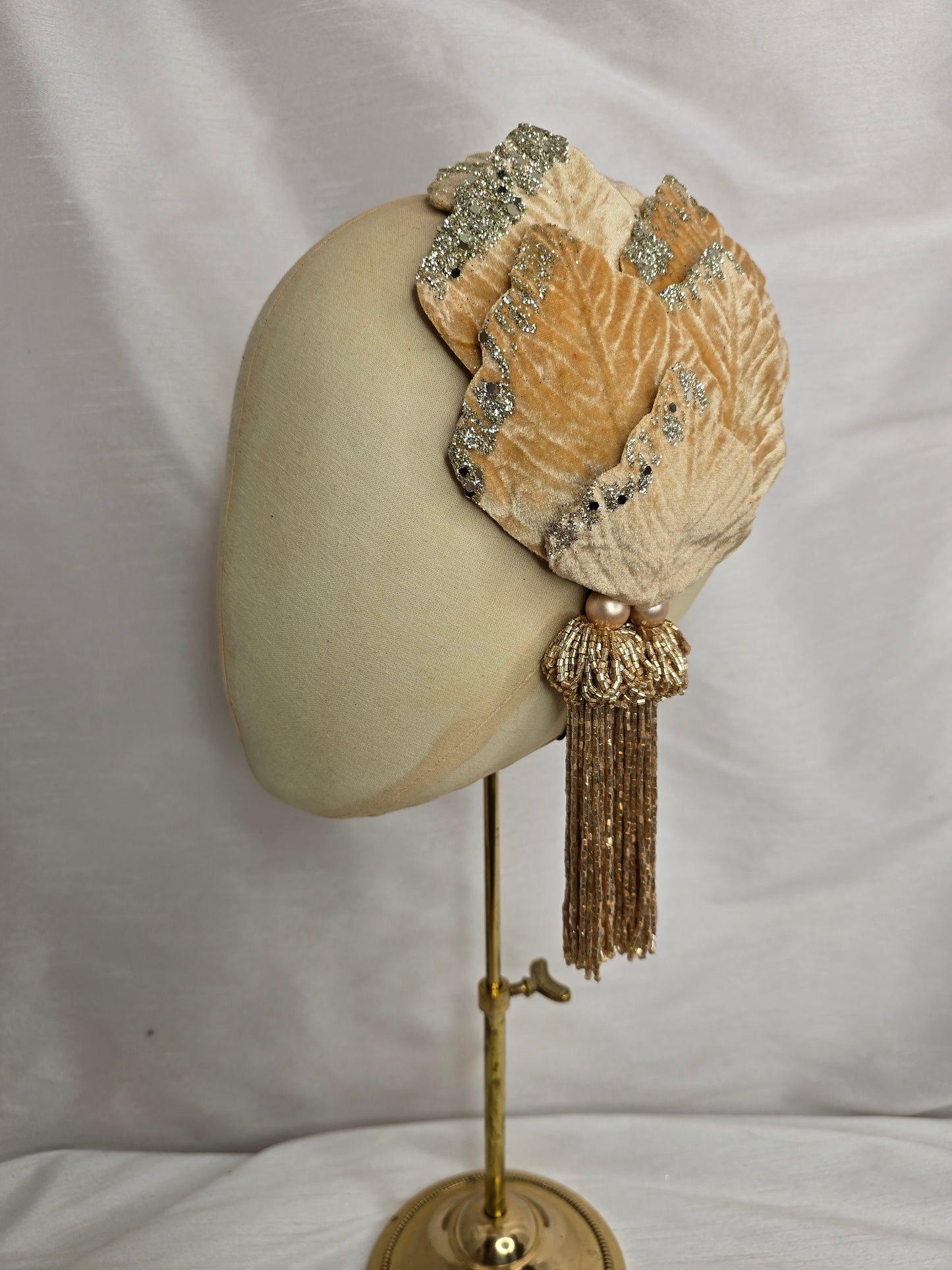 Champagne velvet glittered half hat/fascinator with gold beaded tassels (made to order)