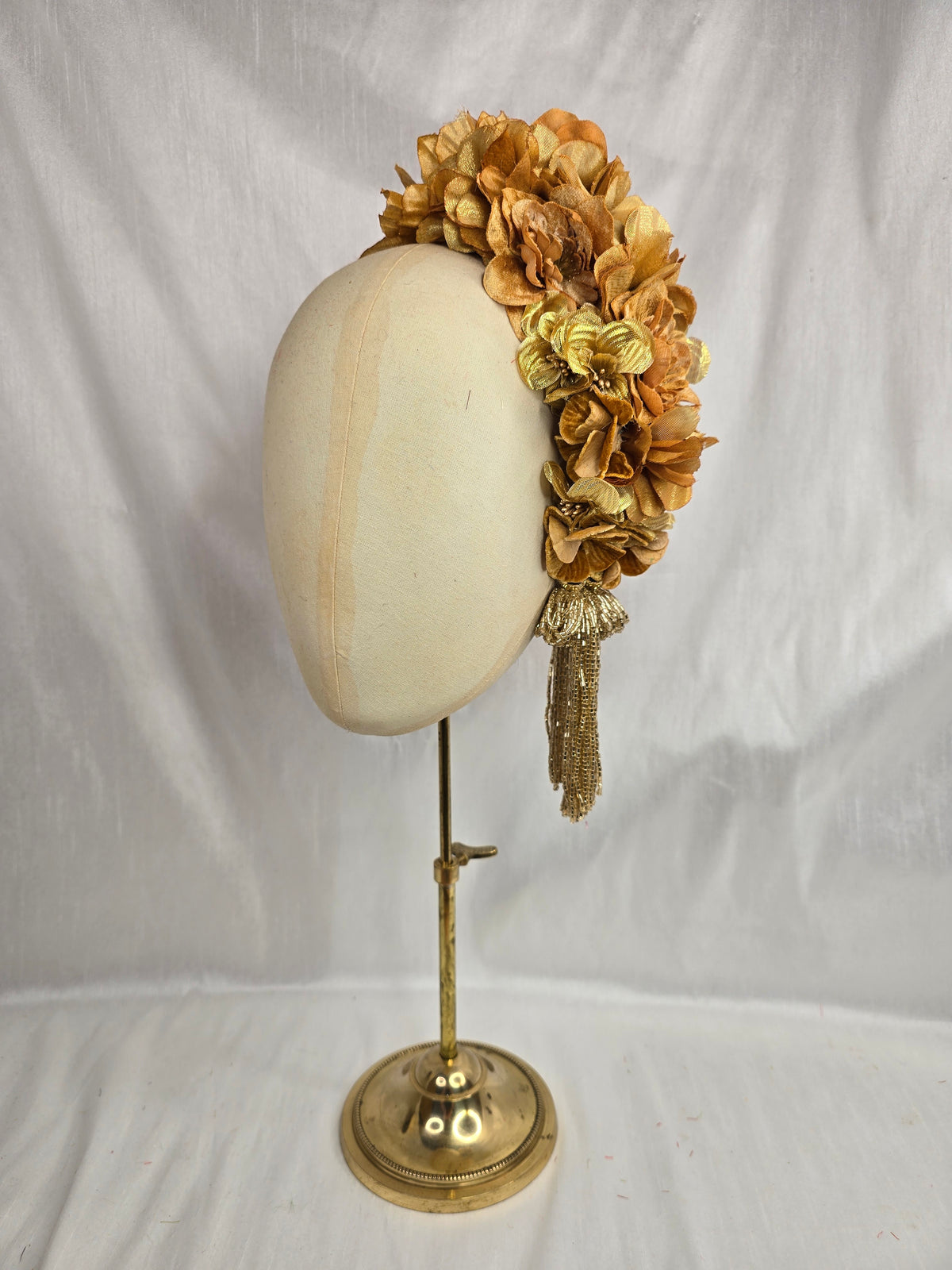 XL luxury autumn gold flower headpiece with gold beaded tassels