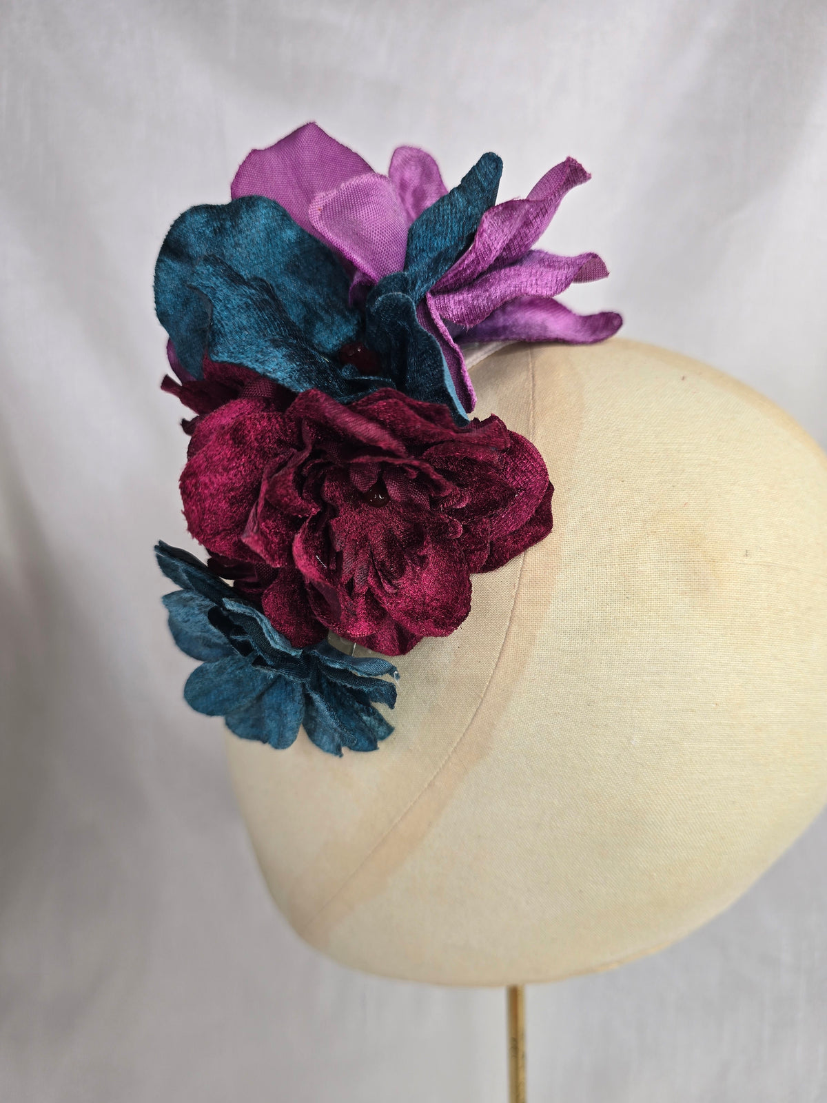 Teal, purple and burgundy velvet orchid hair flower and corsage set