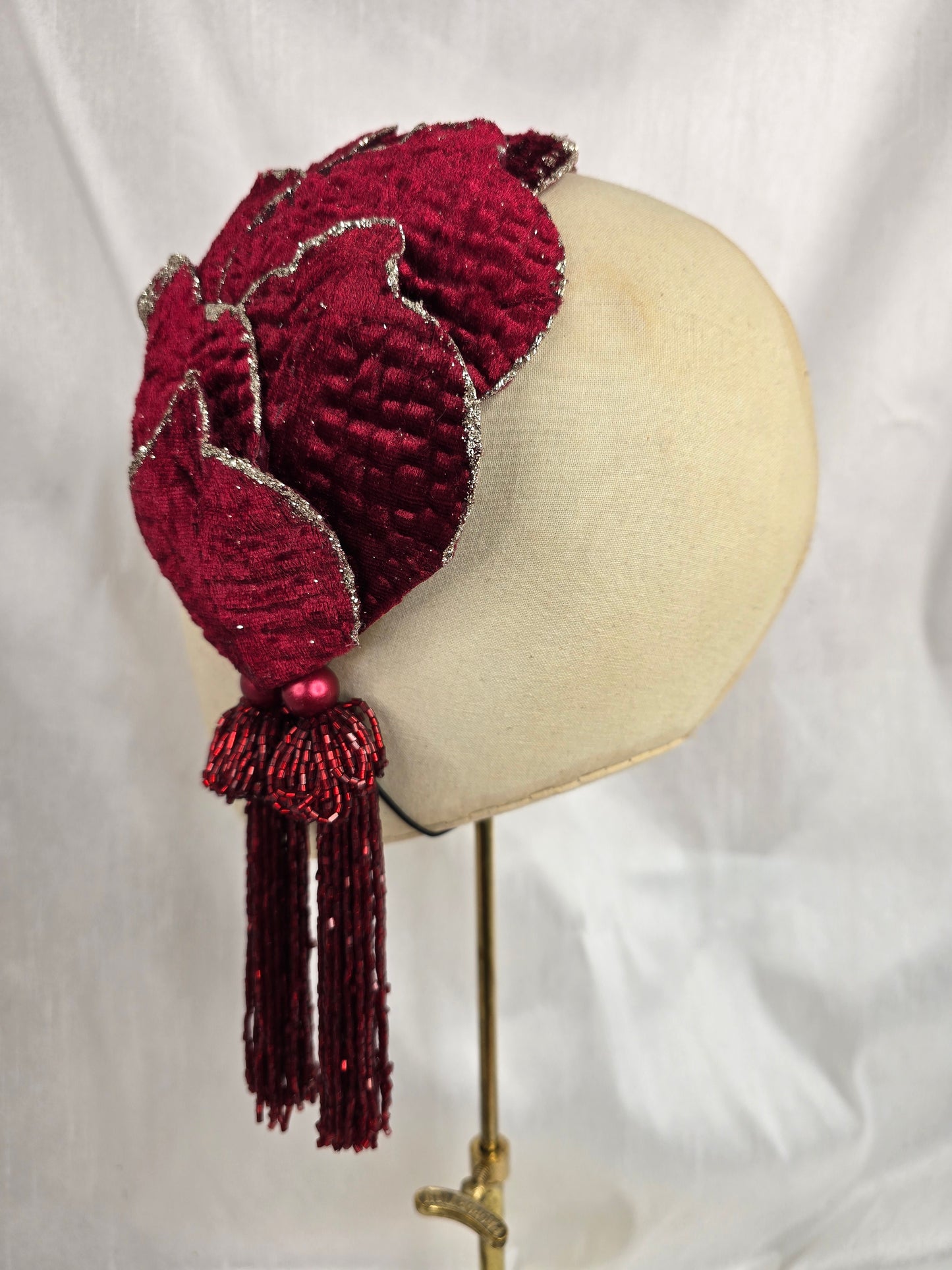 Wine red half hat/fascinator with beaded tassels (made to order)